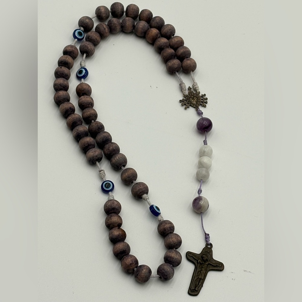 Wood Bead Catholic Rosary Sacred Heart Crucifix Amethyst‎ Beads Evil Eye Accents